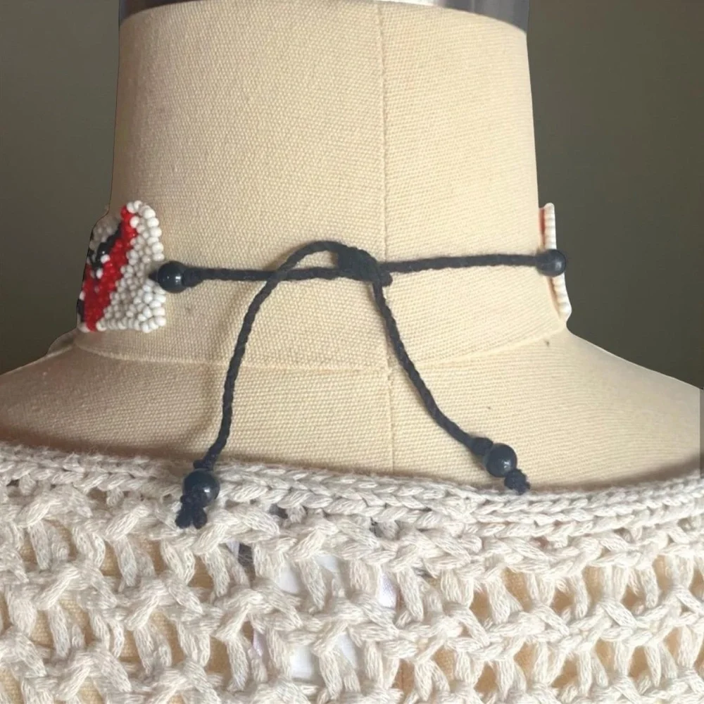 Handcrafted Beaded Choker Necklace - Red, Black, and Cream - Picture 3 of 6